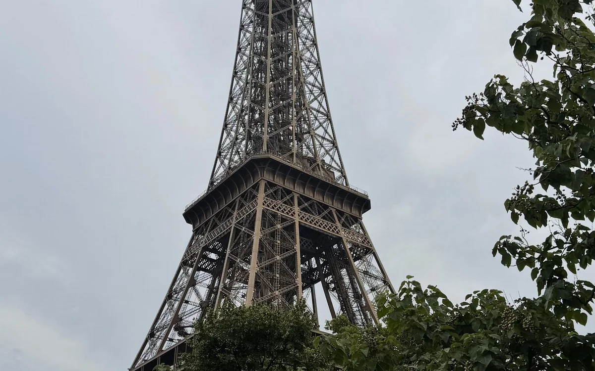 The Eiffel Tower seen from below, with trees in the foreground