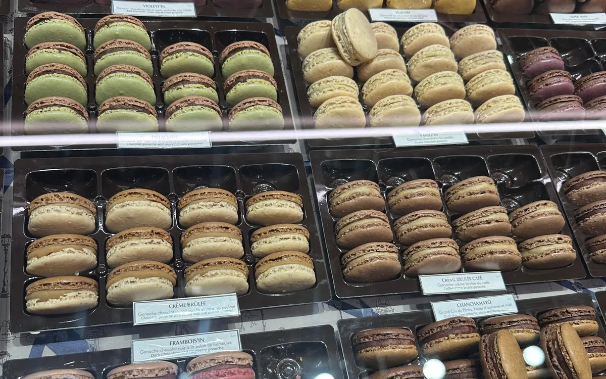 Rows of macarons in a Paris pastry shop display