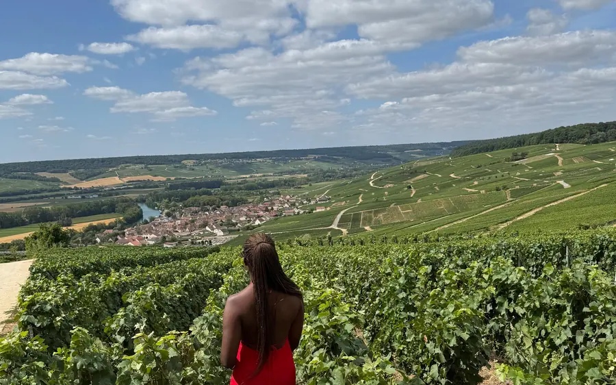 A woman looking out over Champagne vineyards toward a village